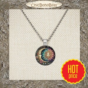 Highly Detailed Intricate Multi Pink Color Celestial Sun Moon Boho Pendant, Stainless Steel Rope Chain Necklace, 20 Inch, Gift for Her