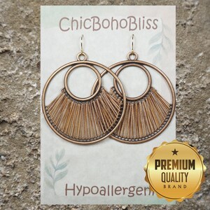 Color Choices, Large Copper & Cotton Thread Round Donut Shape Boho Statement Earrings, Hypoallergenic 18K Gold Ear Wires, Gift for Her