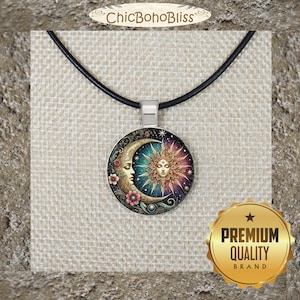 Highly Detailed Intricate Celestial Moon & Sun Silver Rainbow Boho Pendant Leather Cord Necklace, Color and Length Choices, Gift for Her