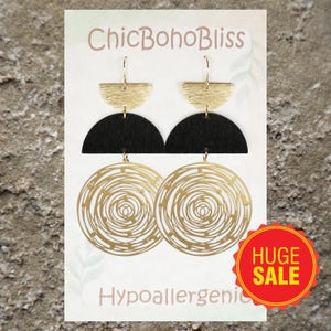 Unique Black & Gold or Silver Boho Circle Statement Earrings, Hypoallergenic 18K Gold Ear Wires, Lightweight Gift for Her