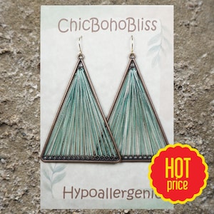 Color Choices, Large Copper & Cotton Thread Triangle Shape Boho Statement Earrings, Hypoallergenic 18K Gold Ear Wires, Gift for Her