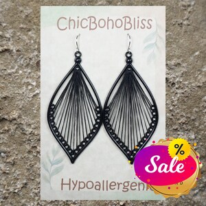 Large Black Cotton Thread Teardrop Shape Boho Statement Earrings, Hypoallergenic Platinum Ear Wires, Gift for Her