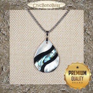 Abalone and Mother of Pearl Teardrop Boho Pendant, Stainless Steel Chain Necklace, Length Choices