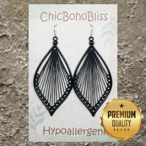 Large Black Cotton Thread Teardrop Shape Boho Statement Earrings, Hypoallergenic Platinum Ear Wires, Gift for Her