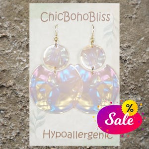 Color Choices, Vibrant Iridescent Round Acrylic Lightweight Large Boho Statement Earrings, Hypoallergenic 18K Gold Ear Wires, Gift for Her