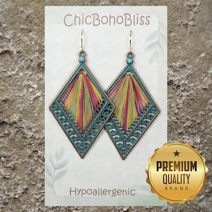 Copper Patina & Multi Color Cotton Thread Diamond Shape Boho Statement Earrings, Hypoallergenic 18K Gold Ear Wires, Gift for Her