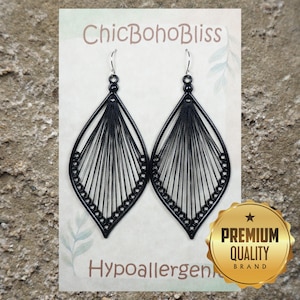 Large Black Cotton Thread Teardrop Shape Boho Statement Earrings, Hypoallergenic Platinum Ear Wires, Gift for Her