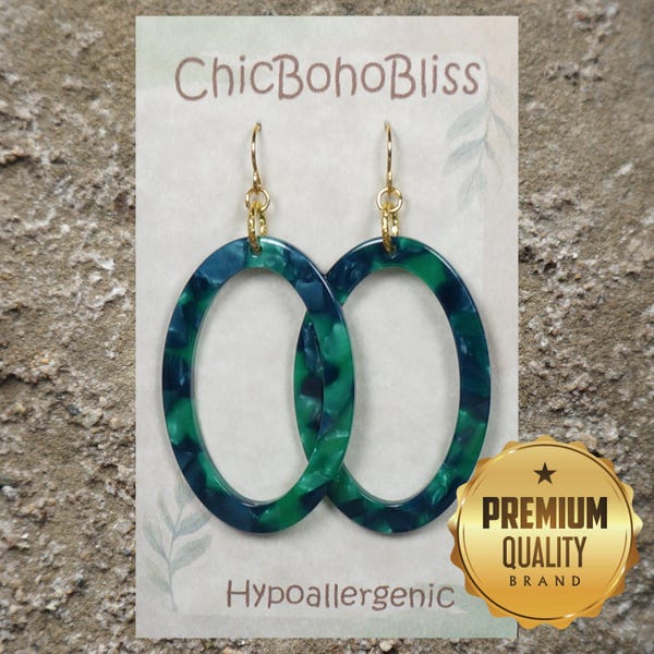 Green with Blue Acrylic Boho Statement Earrings, Hypoallergenic Ear Wires, Gift for Her