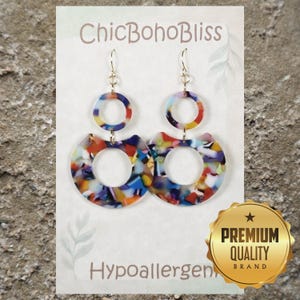 Vibrant Rainbow Color Acrylic Boho Hoop Statement Earrings, Hypoallergenic 18K Gold Ear Wires, Gift for Her