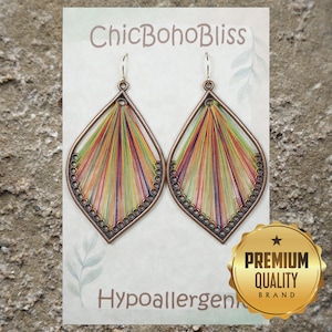 Copper & Multi Color Cotton Thread Teardrop Shape Boho Statement Earrings, Hypoallergenic 18K Gold Ear Wires, Gift for Her