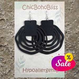 Big and Bold Black Irregular Shaped Wood Hoops Lightweight Boho Statement Earrings, Hypoallergenic Platinum Ear Wires, Gift for Her
