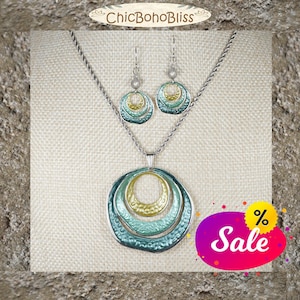 Green & Silver Interlocking Circles Statement Necklace and Earring Set, 20 Inch Stainless Steel Rope Chain, Platinum Ear Wires, Gift for Her