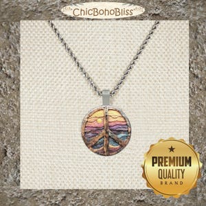 Highly Detailed Intricate Wood Look Peace Sign Pendant, Stainless Steel Rope Chain Necklace, 20 Inch, Gift for Her or Him