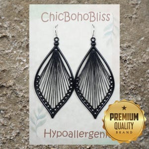 Large Black Cotton Thread Teardrop Shape Boho Statement Earrings, Hypoallergenic Platinum Ear Wires, Gift for Her