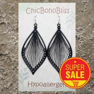 Large Black Cotton Thread Teardrop Shape Boho Statement Earrings, Hypoallergenic Platinum Ear Wires, Gift for Her
