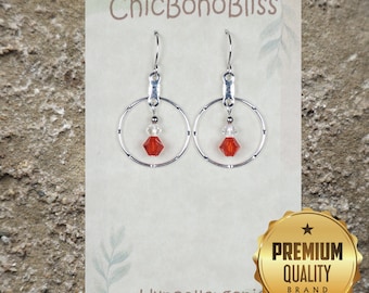 Festive Red or Green Swarovski Crystal Silver Hoop Earrings, Hypoallergenic Platinum Ear Wires, Gift for Her
