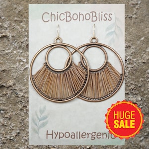 Color Choices, Large Copper & Cotton Thread Round Donut Shape Boho Statement Earrings, Hypoallergenic 18K Gold Ear Wires, Gift for Her