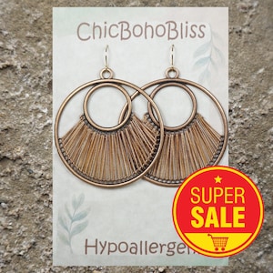 Color Choices, Large Copper & Cotton Thread Round Donut Shape Boho Statement Earrings, Hypoallergenic 18K Gold Ear Wires, Gift for Her