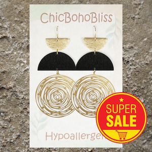 Unique Black & Gold or Silver Boho Circle Statement Earrings, Hypoallergenic 18K Gold Ear Wires, Lightweight Gift for Her