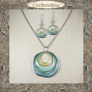 Green & Silver Interlocking Circles Statement Necklace and Earring Set, 20 Inch Stainless Steel Rope Chain, Platinum Ear Wires, Gift for Her