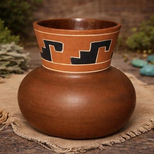 May include: A handcrafted, brown ceramic vase with a rounded base and a flared top. The top section features a geometric black design on a lighter brown band. The vase sits on a burlap cloth, suggesting a rustic or Southwestern theme.