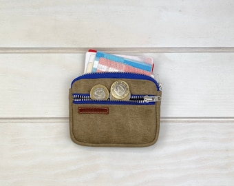 Khaki & blue waxed canvas pocket wallet with 2 external zippers