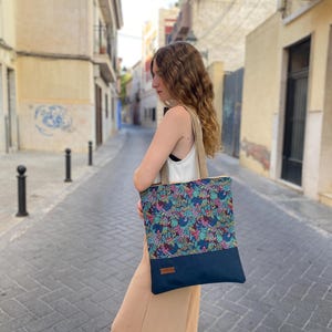 Blue botanical tote bag, Cotton shoulder bag