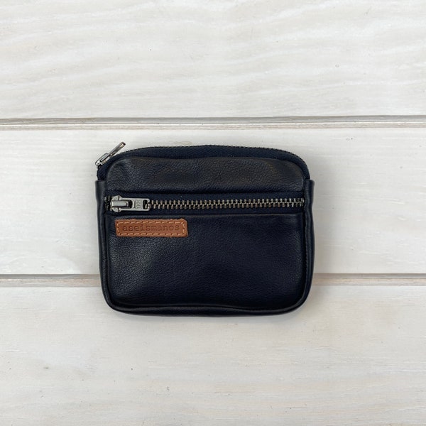 Leather Functional Coin Purse, Small Leather Gift, Gift For Him, Small Zipper Pouch, Black leather wallet, Gift for dads, Genuine leather