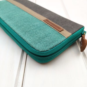 Cartera grande con cremallera para mujer, cartera turquesa y gris, cartera grande de lino image 2