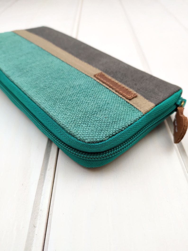 Cartera grande con cremallera para mujer, cartera turquesa y gris, cartera grande de lino image 2