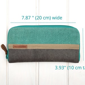Cartera grande con cremallera para mujer, cartera turquesa y gris, cartera grande de lino image 5