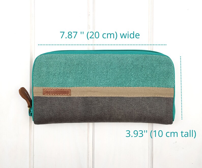 Cartera grande con cremallera para mujer, cartera turquesa y gris, cartera grande de lino image 5