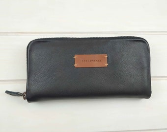 Cartera de piel negra para mujer - Cartera funcional de piel negra - Regalo para mamá - Regalo para ella