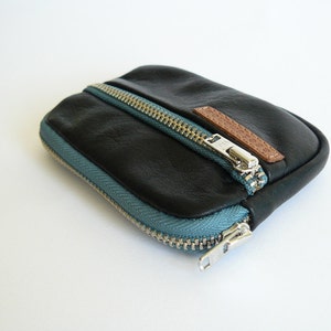 Pocket wallets gift set unisex black leather & teal zippers / Christmas gift gift for her-gift for dad image 4