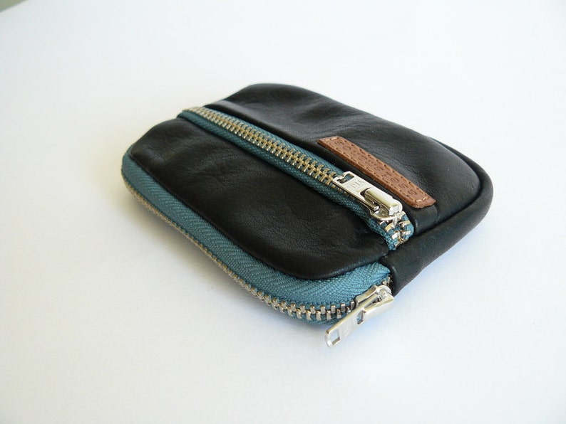 Pocket wallets gift set unisex black leather & teal zippers / Christmas gift gift for her-gift for dad image 4