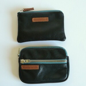 Pocket wallets gift set unisex black leather & teal zippers / Christmas gift gift for her-gift for dad image 2