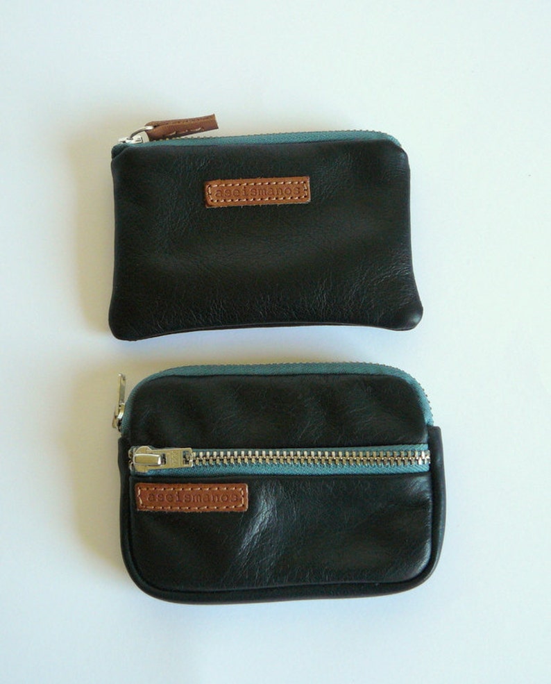 Pocket wallets gift set unisex black leather & teal zippers / Christmas gift gift for her-gift for dad image 2