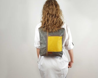 Vegan convertible backpack for men and for women - yellow and gray