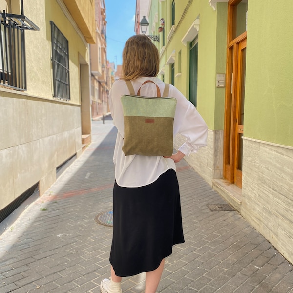 Mochila de diario vichy verde, con asa de piel y ligera