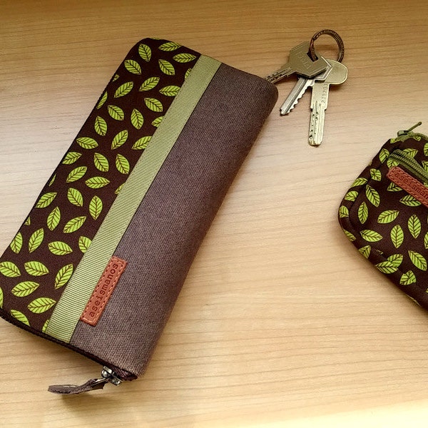 Large women wallet / khaki - olive - lime - brown leaves printed fabric women wallet