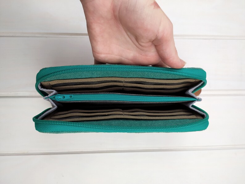 Cartera grande con cremallera para mujer, cartera turquesa y gris, cartera grande de lino image 4