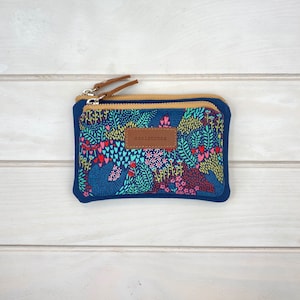 Portefeuille moyen botanique bleu, double portefeuille, cadeau pour elle, porte-monnaie portefeuille à double fermeture éclair,