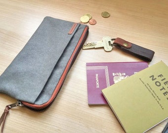 Pasaportera hecha a mano en lona encerada gris/ accesorio viaje/ Cartera de viaje