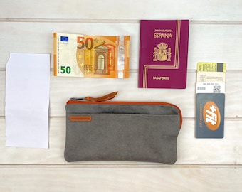Cartera compacta de lona para pasporte / Organizador de viagem para tarjetas e telefone / Acessório de viagem hecho a mano
