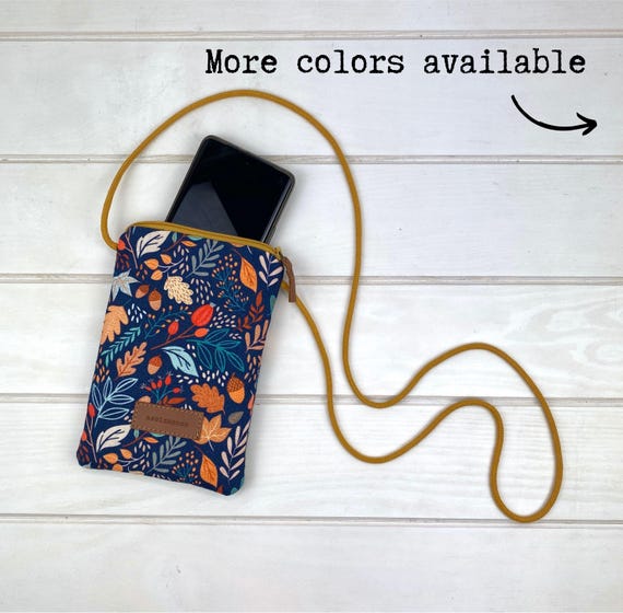 Phone Crossbody Bag – Small iPhone purse, lightweight textile phone pouch, handmade zip bag with strap – Gift for her