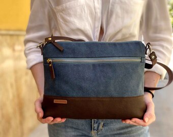 Cross body canvas day bag with leather strap