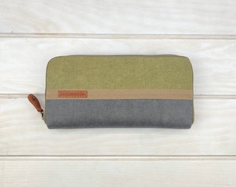 Gray and green resin effect canvas coin purse, Zip arround wallet, Anniversary Gift for Wife, Mum's gift