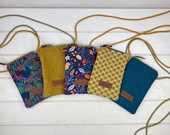 Phone Crossbody Bag – Small iPhone purse, lightweight textile phone pouch, handmade zip bag with strap – Gift for her