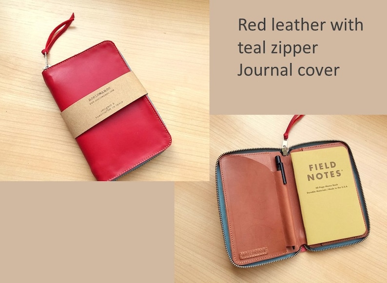 May include: A red leather journal cover with a teal zipper and a matching red leather pull tab. The cover features a brown paper band with the text "aceinmaker" and "designed & handcrafted in Spain". Inside, it holds a yellow Field Notes memo book.
