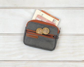 Grey waxed canvas pocket wallet with copper zippers